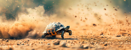 Turtle rapidly running across a dusty dirt road in a desert landscape creating a cloud of dust and smoke in its wake as it moves with speed and agility across the arid rocky terrainの素材