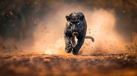 Powerful and Fierce Black Leopard Sprinting at High Speed Through a Dusty Dirt Road With Blurred Motion and Smoke in the Backgroundの素材