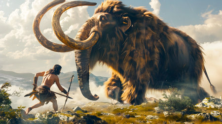 Primitive caveman warrior using a spear to attack and confront a massive woolly mammoth in a vast rugged wilderness field landscape  Depicting a dangerousの素材
