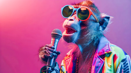 Happy and confident baboon wearing a vibrant fashion outfit and stylish sunglasses holding a vintage microphone and passionately singing karaoke on a random colorful backgroundの素材