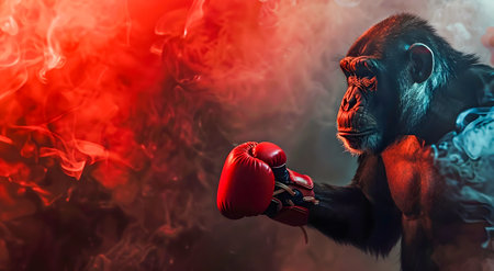 Powerful primate boxer triumphs amidst a dramatic smoke filled backdrop showcasing determination aggressionの素材