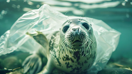 Distressed seal animal caught in a plastic bag in the water environmental pollution and ocean ecosystem crisis concept wildlife protection and conservation awarenessの素材
