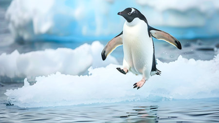 Adelie penguin a seabird native to the Antarctic region jumping gracefully between two drifting ice floes in a frozen icy landscape  The penguin s dynamic movement and the sereneの素材
