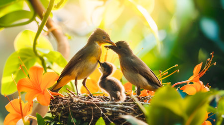 Family of Birds Caring for their Young Ones in Cozy Nest Tucked Away in the Lush Flowering Tree of Nature s Abundanceの素材