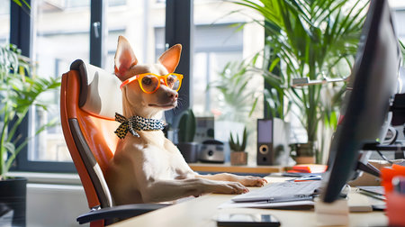 Adorable canine companion relaxing comfortably at a minimalist office desk with a laptop computer potted plant and cozy workspace setting  The image conveys a sense of productivity balanceの素材