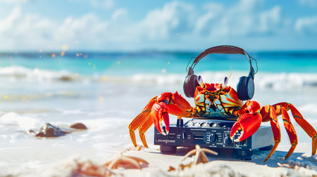 A Lively DJ Crab with Headphones and Sound Equipment near the Serene Seaside   A Concept of a Summer Party with a Vibrant Atmosphere and Space for Text or Productの素材