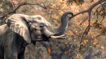 An elephant using its trunk to feed on the leaves and branches of a tree in a vibrant autumn landscapeの素材
