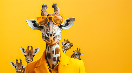 Creative Innovative Animal Fashion Design  Stylish Giraffe and Group of Animals Posed in Chic High End Fashion Accessories Against a Bright Vibrant Studio Backgroundの素材