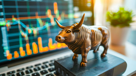 Conceptual of a financial investment dashboard displaying trending charts graphs and data visualizations during a bull market  The dashboard showcases analytical tools and insights for investorsの素材