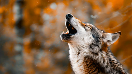Dramatic close up shot of a gray wolf howling against a moody atmospheric autumn forest landscape at night  The wolf s silhouette is illuminated by the soft glow of moonlight creating a powerfulの素材
