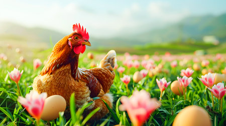 Free Range Rooster Amidst Vibrant Tulips on Sustainable Organic Farm  Eco Friendly Agriculture and Ethical Poultry Farming in Peaceful Countryside Landscapeの素材