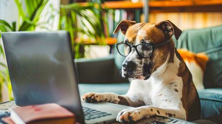 A focused and diligent dog working intently on a laptop and digital devices in a contemporary office setting showcasing the animal s intelligence productivity and technology savvy skillsの素材
