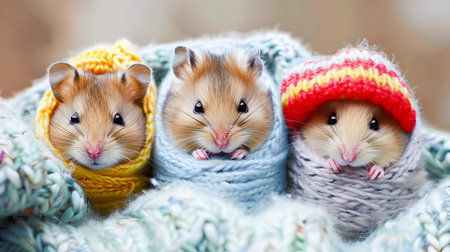 Closeup portrait of adorable chubby baby hamsters wearing tightly knitted scarves and hats in a cozy winter themed studio settingの素材