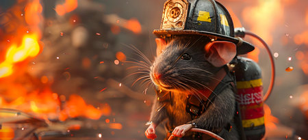 Heroic Rodent Firefighter Courageously Confronts Intense Flames in a Dramatic Rescue Amidst a Perilous Blazeの素材