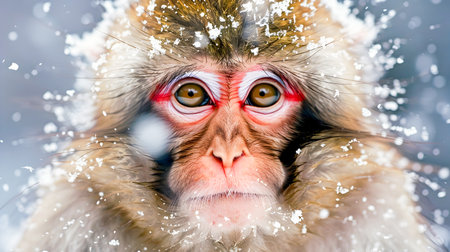 Charming Japanese macaque monkey covered in snow surrounded by icy branches and a wintry forest habitatの素材