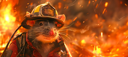Brave Firefighter Rat Wearing Protective Uniform and Helmet Battling Intense Flames and Smoke in a Dangerous Emergency Rescue Missionの素材
