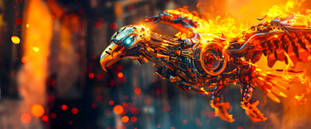 Robotic Tiger Ablaze with Fiery Avian Companion   Futuristic Cybernetic Hybrid Concept Artwork Depicting the Convergence of Nature and Advanced Technology in a Surreal Apocalyptic Landscapeの素材