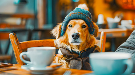 Thoughtful and Imaginative Portrait of a Dog Anthropomorphically Enjoying a Warm Beverage in the Cozy Atmosphere of a Caf Settingの素材