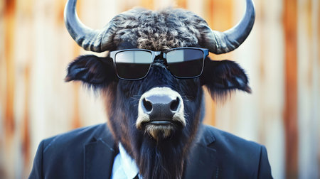 Stylish Corporate Buffalo Portrait  Powerful Business Animal Wearing Sunglasses and Suit with Copy Text Space for Design  Wide Screen Wildlife Backgroundの素材