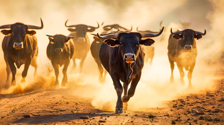 Herd of majestic bulls running at full speed down a dusty dirt road kicking up clouds of dirt and debris in a dramatic arid landscapeの素材