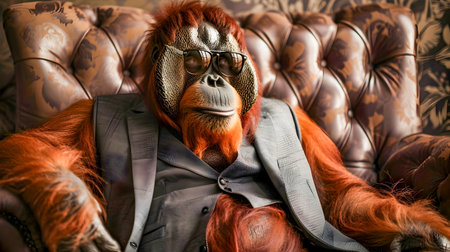 Sophisticated Simian An orangutan business executive donning a sleek suit and stylish sunglasses captured in a pensive and contemplative pose on a plush leather sofaの素材