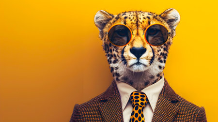 Stylish Cheetah Wearing Suit and Sunglasses with Blank Copy Space on Bright Backgroundの素材