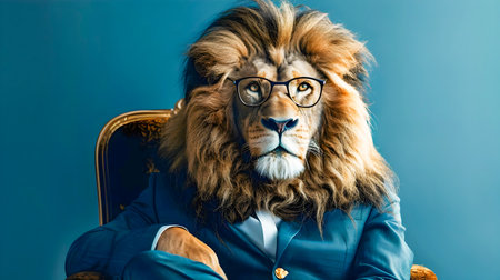 Elegant and powerful lion dressed in a business suit with glasses sitting confidently on a throne against a vibrant blue background creating a captivating and sophisticated portraitの素材