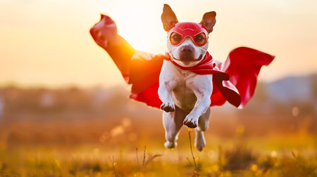 Energetic and playful superhero dog with a red mask and cape soaring and leaping through a sunny meadow background  The spirited canine mascot is in dynamic motion showcasing braveryの素材