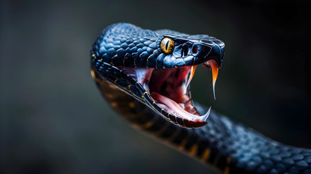 Close up of a Fierce Black Viper Snake with a Bifurcated Tongue Aggressively Striking in a Defensive Posture Showcasing its Deadly Fangs and Dangerous Predatory Behaviorの素材