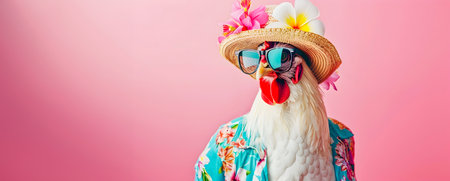 Vibrant and Whimsical Anthropomorphic Chicken Portrait Wearing Pastel Hawaiian Inspired Clothing Floral Hat and Summer Glasses   A Conceptual and Imaginative Compositionの素材