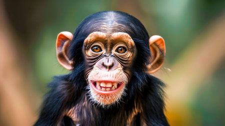 Close up portrait of an adorable baby chimpanzee with a big happy smile expressing a cheerful and playful moodの素材