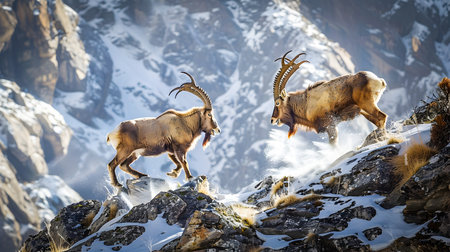 Two Markhor Goats Locked in Fierce Fight Butting Heads and Horns on a Steep Snow Capped Mountain Ridge  The Dramatic Rugged Landscape Provides a Stunning Backdrop for this Intense Display of Strengthの素材