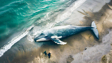 A massive whale lies stranded on a rugged coastal beach surrounded by crashing waves and rocky cliffsの素材