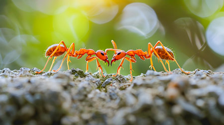 Macro close up view of a group of ants working together to form a bridge showcasing the concept of unity in achieving a common goal  This image can be used as a metaphor for successful thinkingの素材