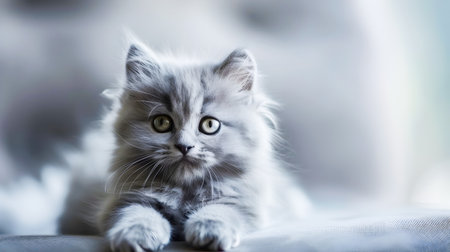 Adorable and Captivating British Long Haired Kitten with Soft Gray Fur Curious Eyes and a Delicate Elegant Presence  This Precious Feline Evokes a Sense of Wonder Serenity and Heartwarming Affectionの素材