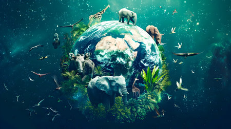 Celebrating World Wildlife Day with the Diverse Wonders of Earth and its Cosmic Connections   A stunning visual representation of the intricate web of life on our planetの素材