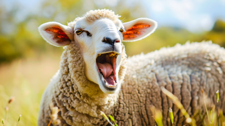 Closeup portrait of a cheerful laughing domestic sheep with an open playful mouth expression on a lush verdant pastoral meadow under a bright sunny skyの素材