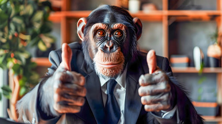 Confident Chimpanzee Businessman Wearing a Stylish Classic Suit and Giving Thumbs Up Gesture in an Office Environmentの素材