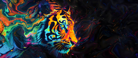 Captivating digital painting showcasing a wild tiger in a vibrant psychedelic neon color palette against an intense moody black background  This surrealの素材
