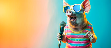 Cheerful and Colorful Pig Performer Singing Karaoke into Vintage Microphone while Wearing Stylish Sunglasses and Funky Fashion Outfit Against Vibrant Backgroundの素材