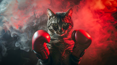 Fierce Feline Boxer in Dramatic Smoke Background   The ultimate conceptual image of a cat wearing boxing gloves surrounded by a smoky intense atmosphereの素材
