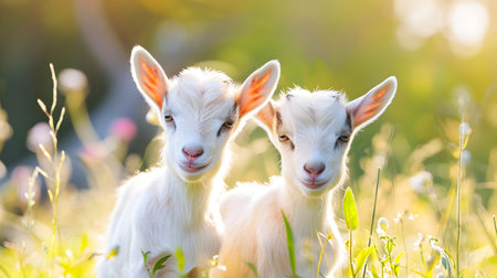 Two adorable baby goat kids playfully frolicking and exploring in a lush green summer meadow on a tranquil countryside farm  The fluffy white and brown young goats appear cheerfulの素材