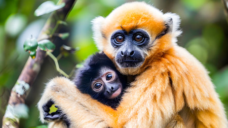 Closeup portrait of an endangered Yellow Cheeked Gibbon monkey Nomascus Gabriallae mother tenderly embracing her baby offspring in a lush green forest habitatの素材