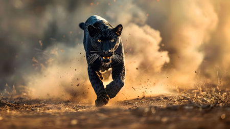 Powerful Black Leopard Sprinting Across Dirt Road Amid Swirling Dust Storm in Dramatic Natural Setting  Intense Action and Movement of Wild Predator in Rugged Outdoor Environmentの素材