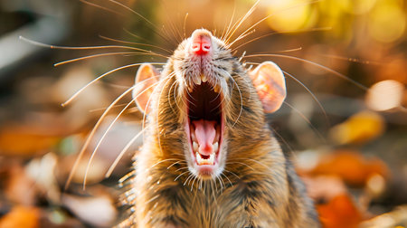 Detailed close up portrait of a small gray rat with visible whiskers teeth and an open yawning mouth showing a relaxed funny and adorable expressionの素材