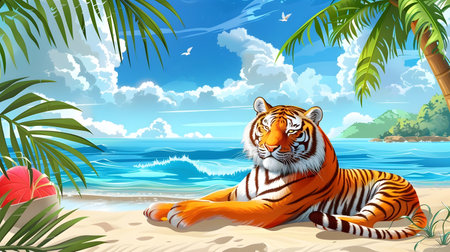 Majestic Tiger Taking a Break and Relaxing on Tranquil Tropical Beach at Idyllic Seaside Resort Paradiseの素材