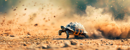 Turtle rapidly running across a dusty dirt road in a desert landscape creating a cloud of dust and smoke in its wake as it moves with speed and agility across the arid rocky terrainの素材
