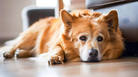 A large brown furry domestic dog is lying on the tile floor at home appearing to be overweight and in a relaxed sleepy stateの素材