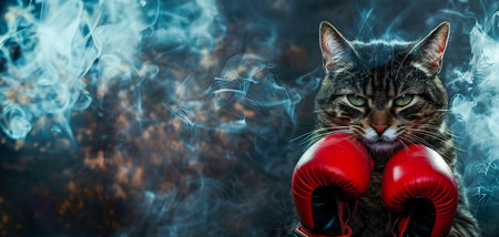 Tabby Cat Wearing Red Boxing Gloves in Moody Atmospheric Backdrop with Dramatic Smoke and Copy Space for Text   Greatest Boxer Conceptual Themeの素材