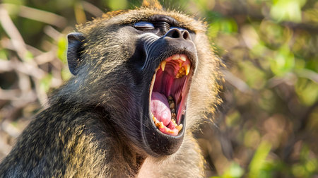 Closeup portrait of an agitated baboon with an open mouth exposing its sharp teeth in a fierce yawn or aggressive grimace within its natural jungle environmentの素材